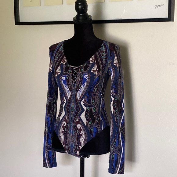 Free People Blue Paisley lace up bodysuit - Picture 3 of 12